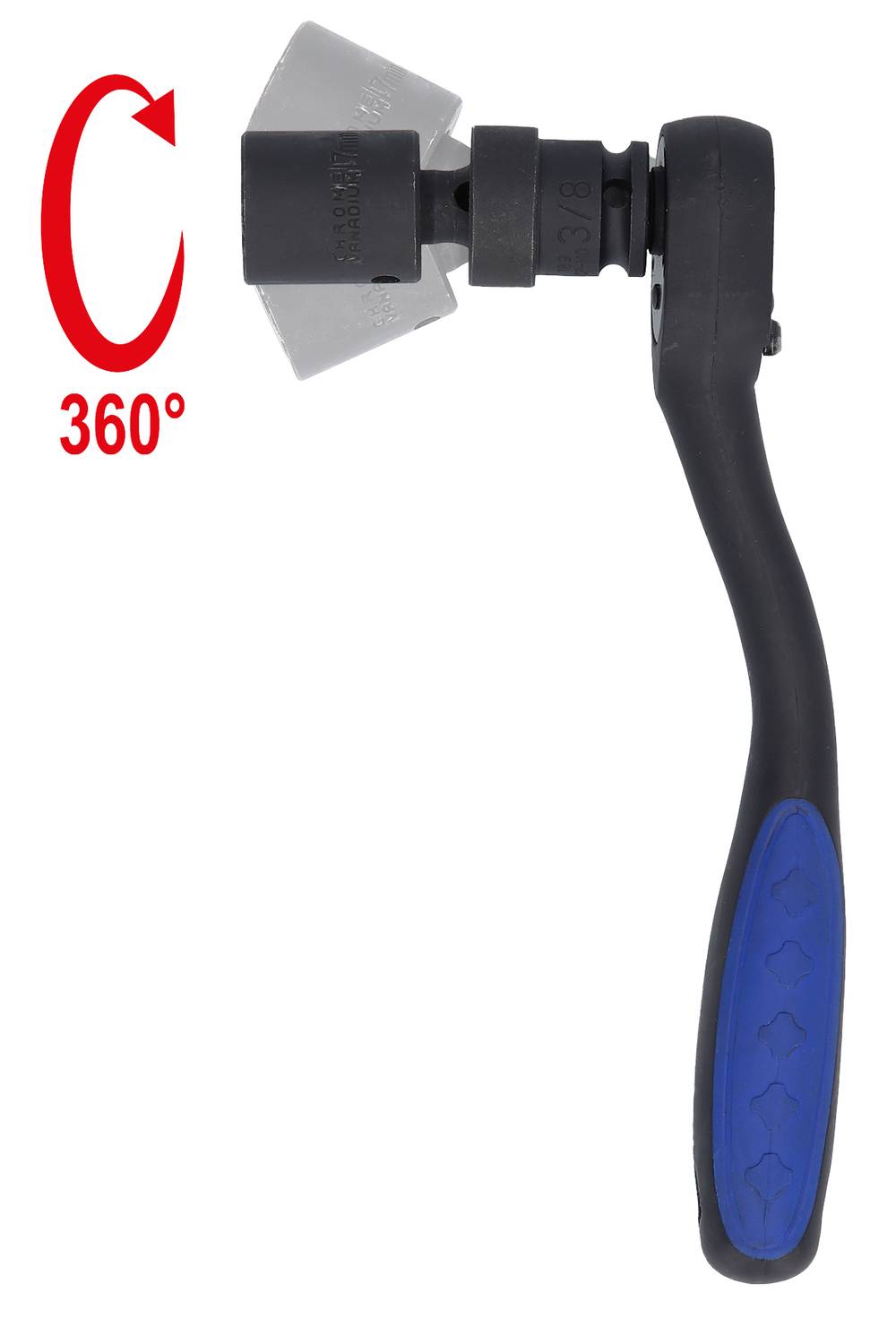 A tool with a rotatable head that can be pivoted 360 degrees.