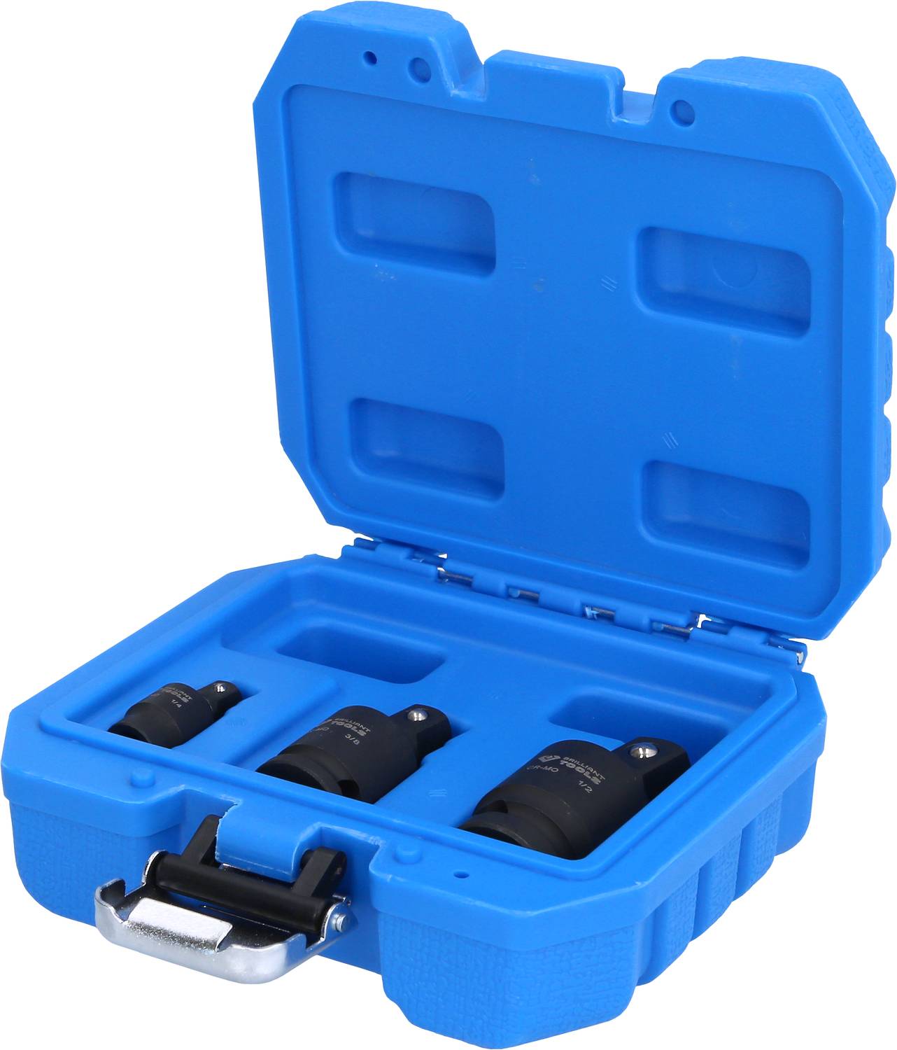A blue plastic case with an open lid, containing three socket wrenches in different sizes on individual recesses.
