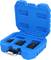 A blue plastic case with an open lid, containing three socket wrenches in different sizes on individual recesses.