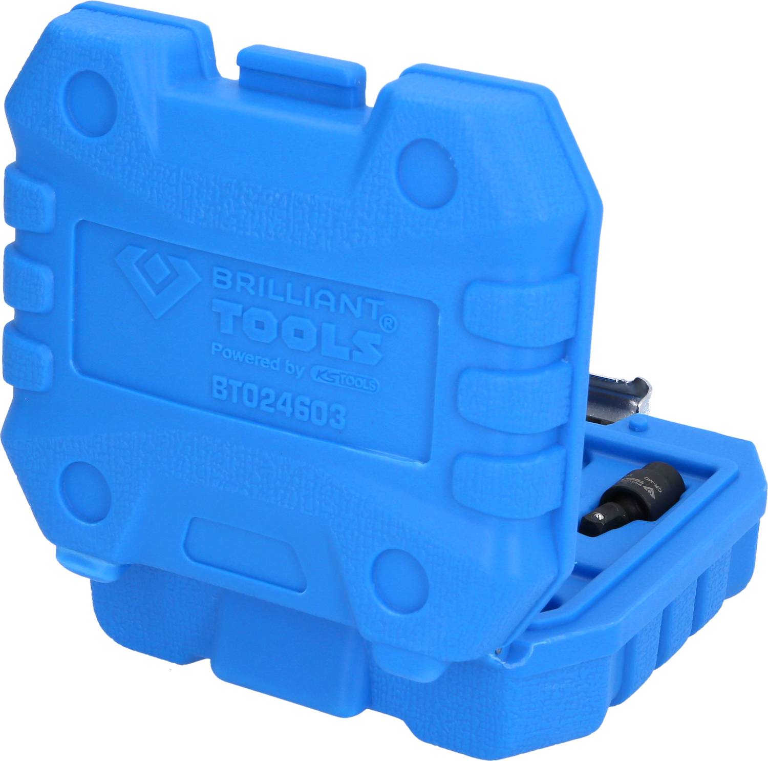 Blue tool box 'Brilliant Tools', partially open, showing various small tools inside.