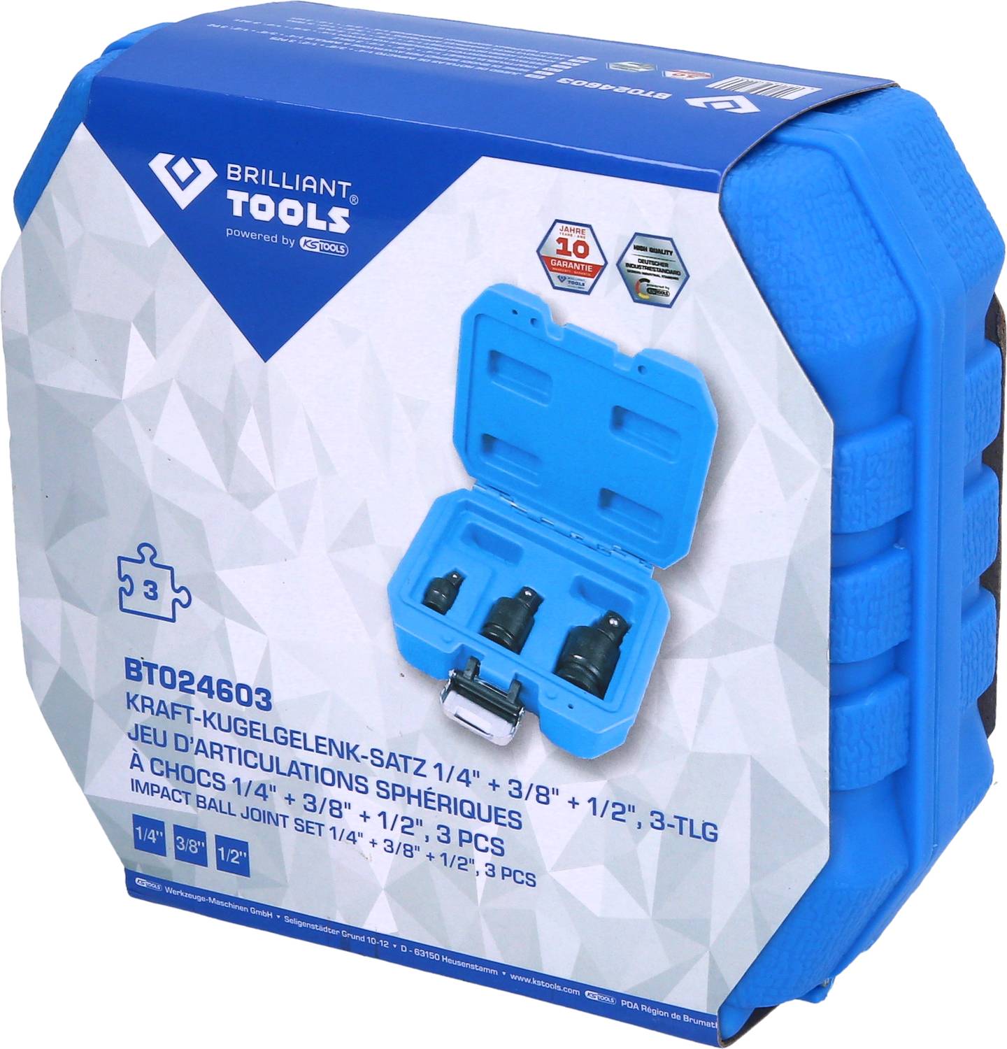 Blue toolbox with three power ball joints in various sizes. Packaging label indicates potential applications.