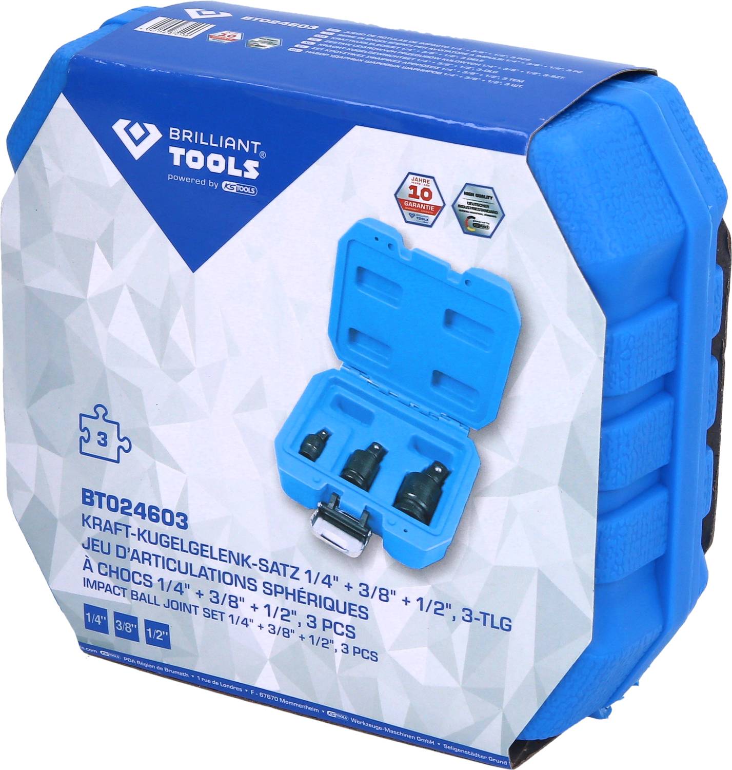 Blue tool case with 'Power Ball Joint Set' and three socket wrenches. Brand logo in the top left corner, product features on the packaging.
