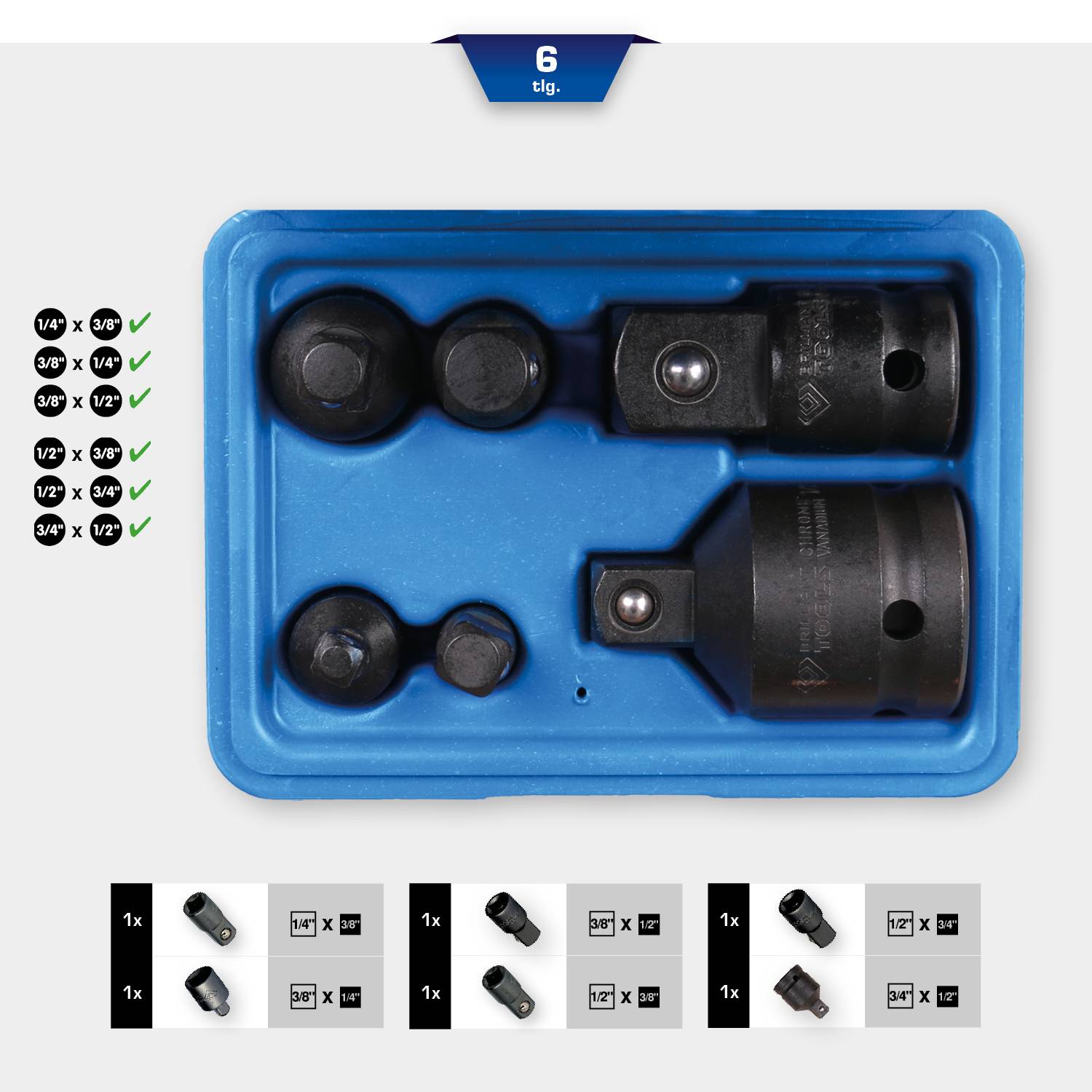 'Six-piece adapter set in a blue box, comprising two large adapters, three small adapters and an extension piece.'