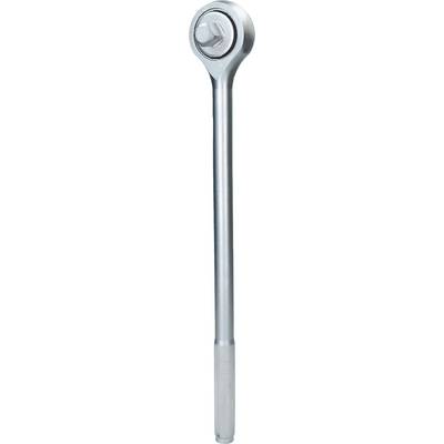 Ratchet with long, non-slip handle, silver-coloured; tool for tightening or loosening screws and nuts.