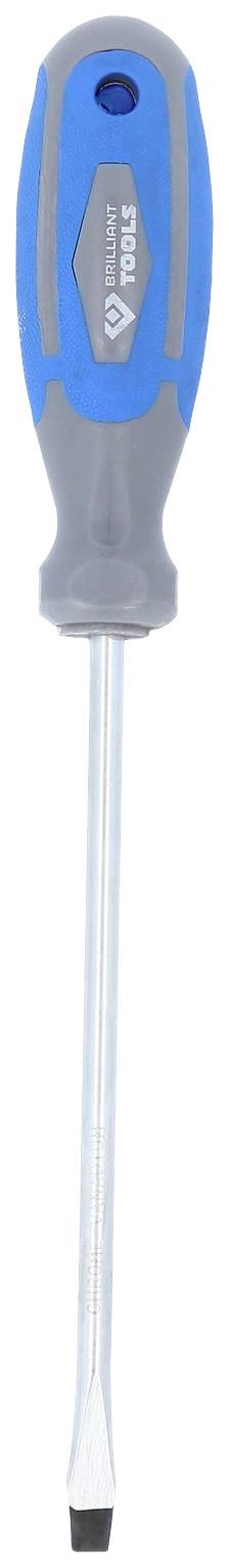 Blue screwdriver with grey handle and flat, silver tip.