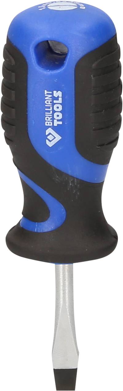 Screwdriver with blue and black handle, brand 'Brilliant Tools', with a flat tip.