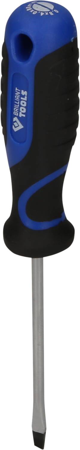 A blue and black flathead screwdriver with an ergonomic handle, suitable for general fastening tasks.