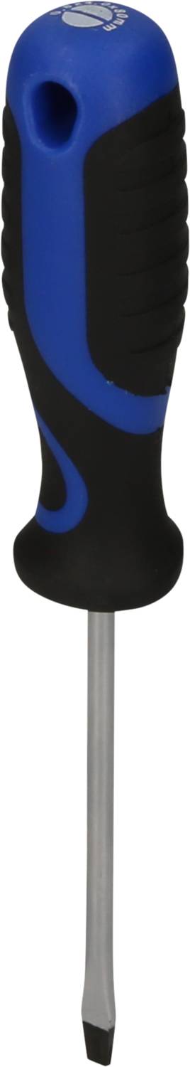 Screwdriver with blue-black handle and flat tip.
