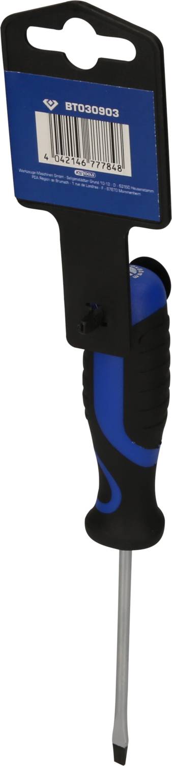 A screwdriver with a blue-black handle, packaged on a cardboard card with a barcode.