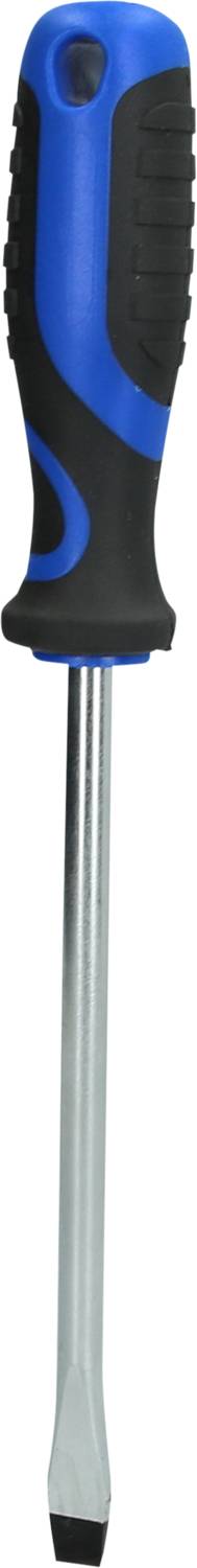 Screwdriver with a blue-black handle and a flat blade, positioned vertically.