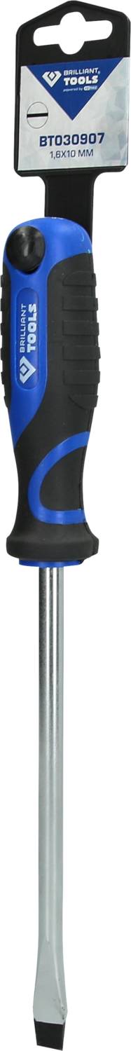 Screwdriver with blue-black handle and flat blade. Packaging with brand name on the top surface.