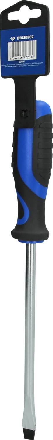 Screwdriver with blue-black handle and blade holder.
