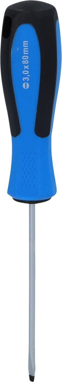 A blue screwdriver with a black handle and a narrow metal blade, suitable for cross-head screws.