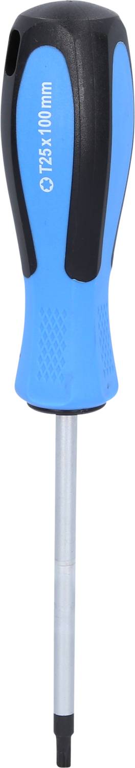 Blue screwdriver with a black handle, tip is flat, handle has text '7.5x1.0 mm'. Suitable for slotted screws.