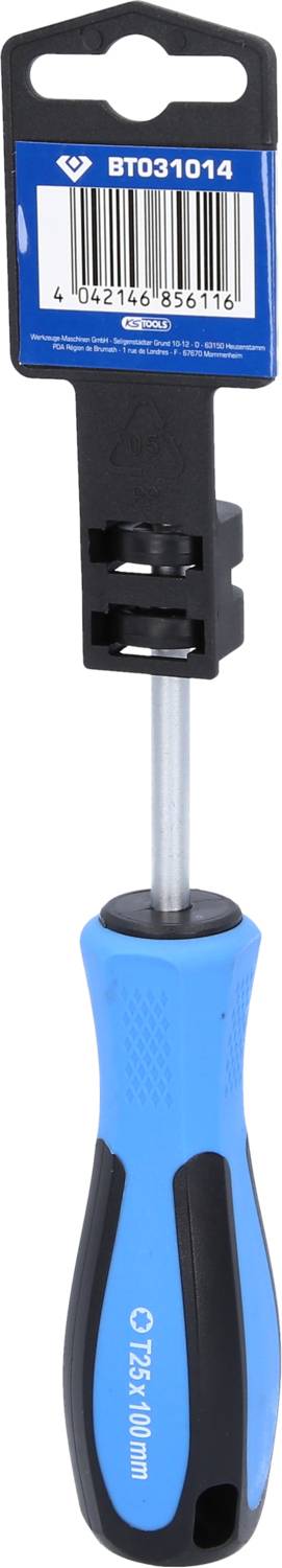 Screwdriver with blue-black handle, suitable for cross-head screws. Packaging includes product name and barcode at the top end.