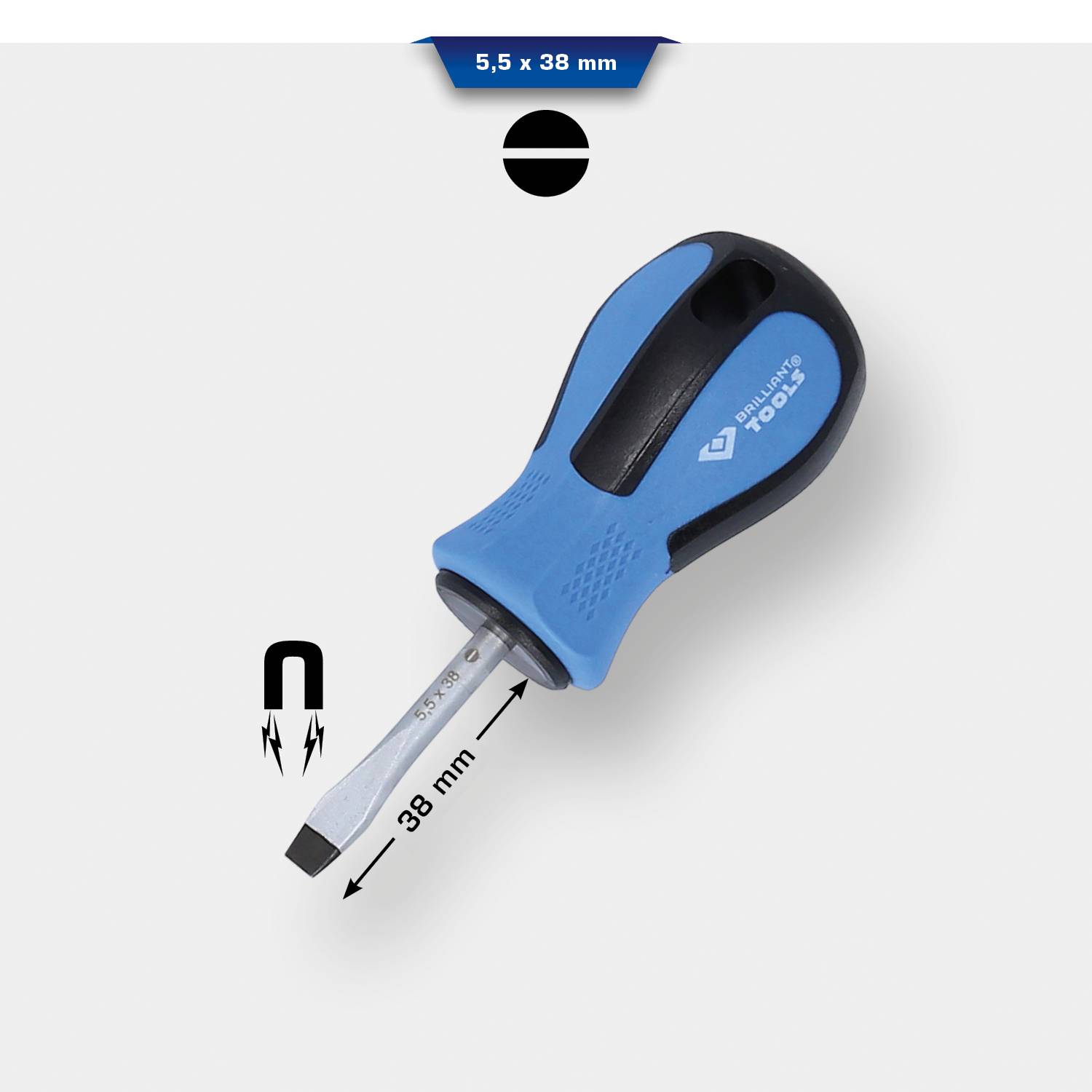 A blue screwdriver with a magnetic tip, length 38 mm.