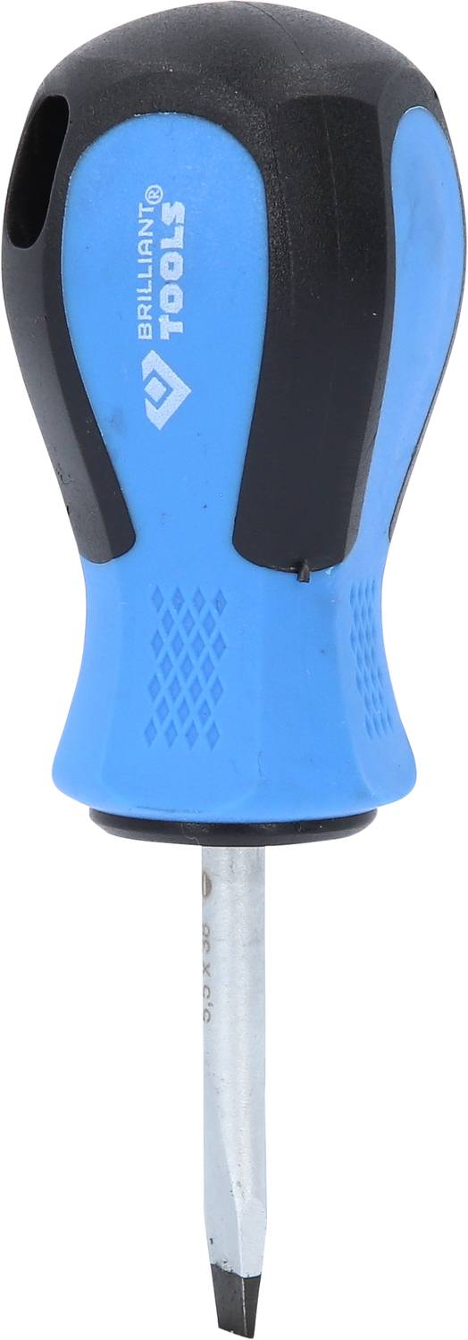 Screwdriver with blue handle and black cap, suitable for slotted screws. 'Brilliant Tools' brand name printed on it.