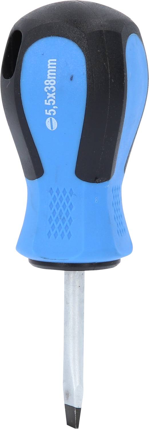 Blue screwdriver with a black handle and a flat tip, labelled on the side with the size '5x38 mm'.