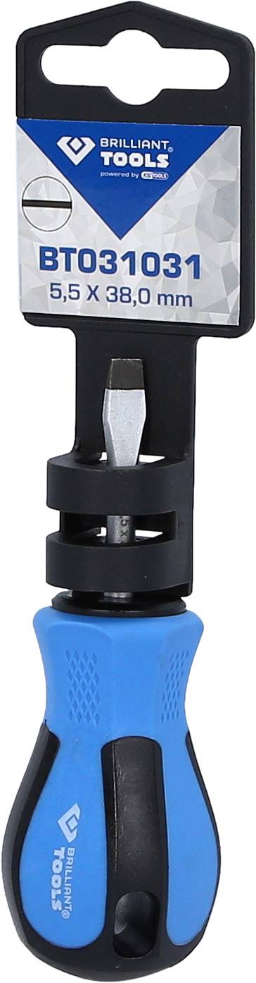 A blue screwdriver with a black handle by 'Brilliant Tools', model number BT031031, dimensions 5.5 x 38.0 mm.