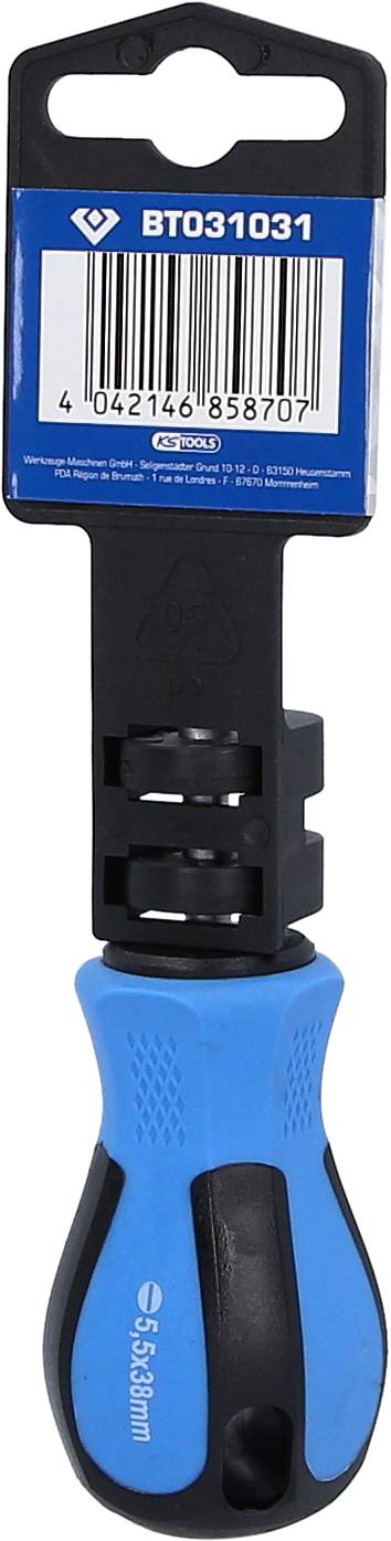 A blue and black screwdriver with barcode and model number BT031031. Plastic handle with ergonomic design.