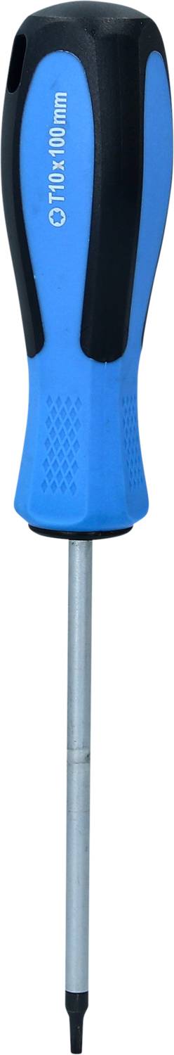 Blue screwdriver with a black handle and a flat metal shaft.