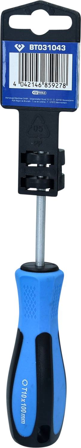 A blue screwdriver with a black handle and a label with a barcode and the inscription 'BT031043'.