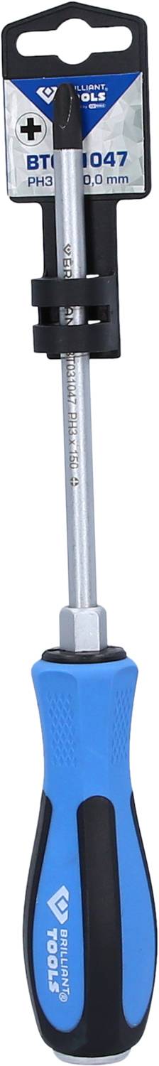Screwdriver with blue-black handle and PH2 tip, packaged in plastic holder.