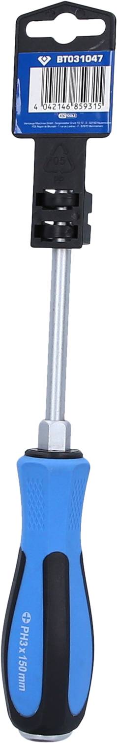 Screwdriver with blue-black handle and long shaft, with a label and barcode at the top.