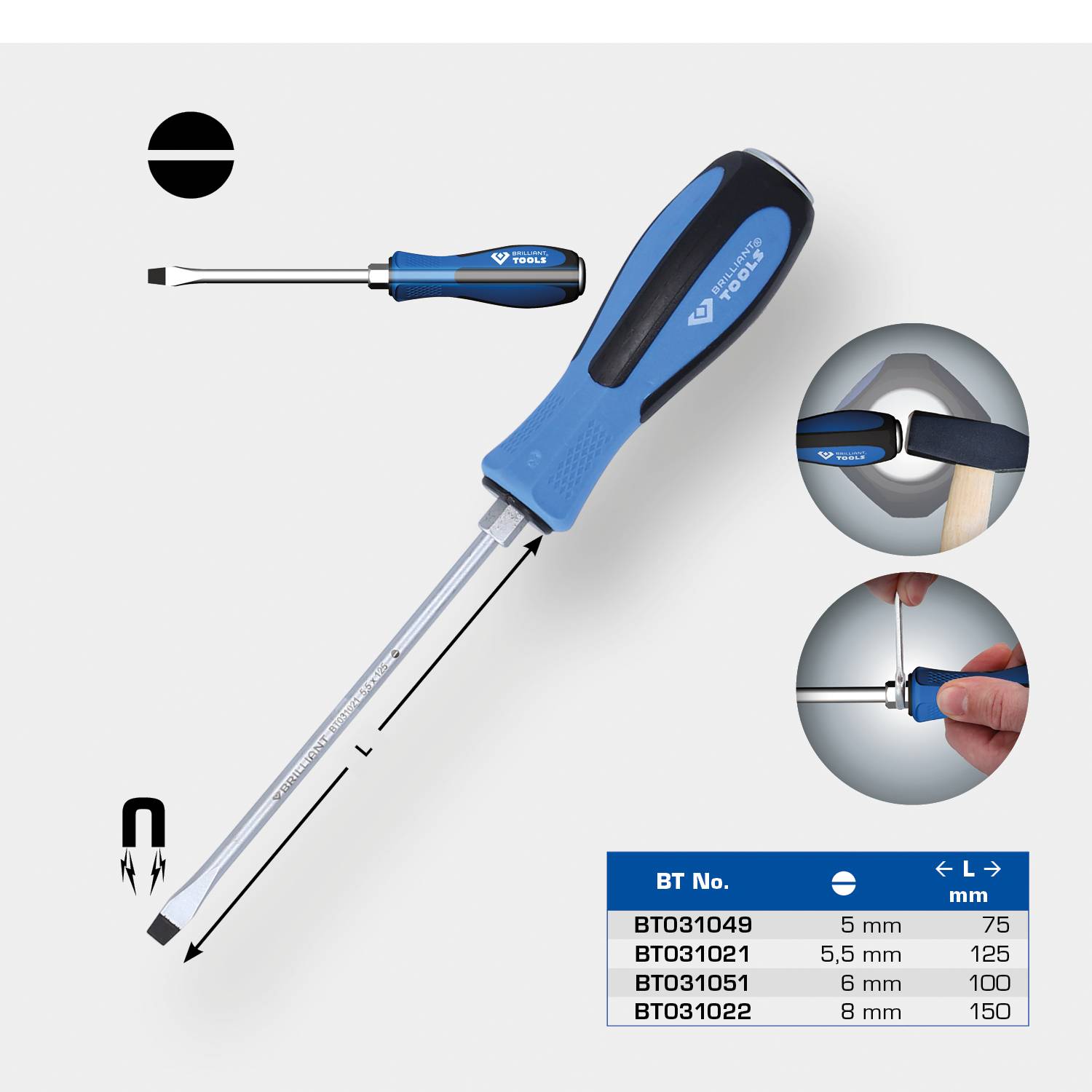 Crosshead screwdriver with magnetic tip, ergonomic handle; detailed view of the bit; table shows size options.