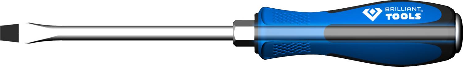 Screwdriver with blue handle and flat blade, 'Brilliant Tools' logo visible on the handle.