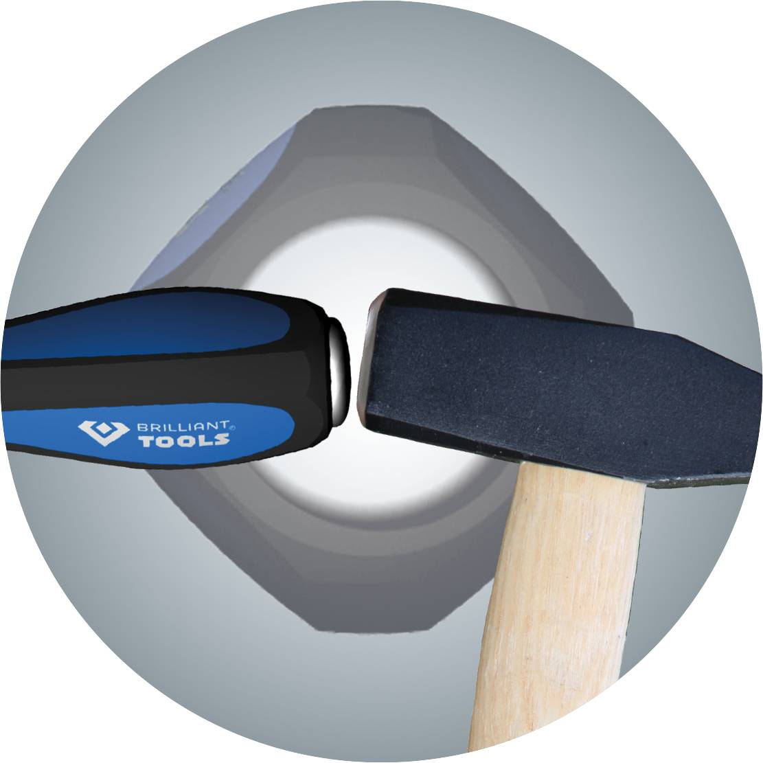 A hammer strikes a screw, driving it in against a blue gradient background. Tools are highlighted.