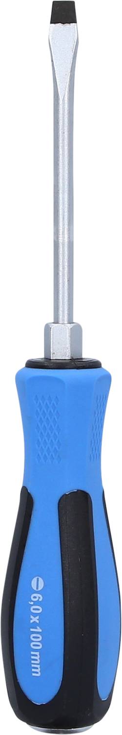 Screwdriver with blue-black handle and metal tip, suitable for slotted screws.