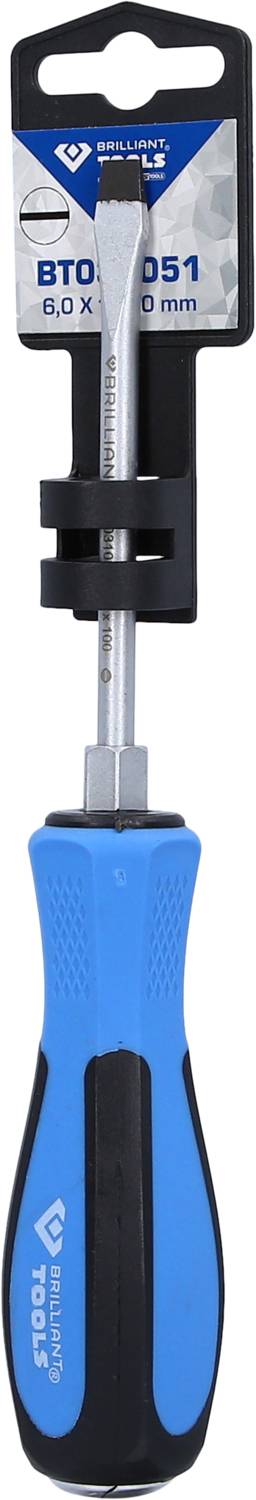 Screwdriver with blue-black handle and 6.0 x 150 mm slotted blade, presented in packaging.