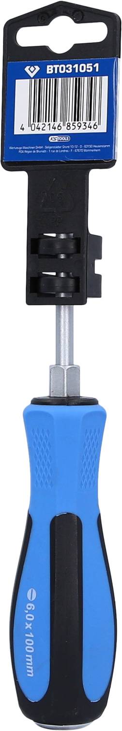 A blue screwdriver with a robust handle and a bit, suitable for precise work. It is packaged with a barcode label.