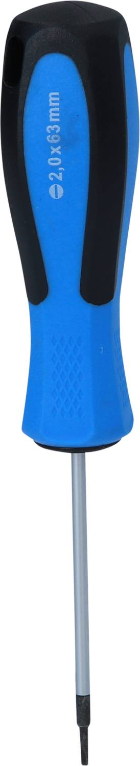 A blue screwdriver with a black handle and a flat metal tip.