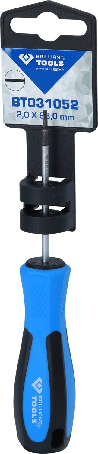 Screwdriver Brilliant Tools with blue handle and black bit. Size: 2.0 x 8.0 mm. Product code: BT031052. Packaged on top.