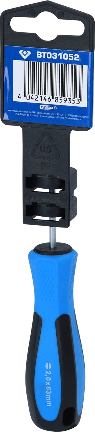 A blue Phillips screwdriver with a black handle and barcode at the top.