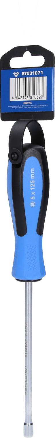 Blue screwdriver with black handle and hanging loop, label with barcode attached to the top of the handle.