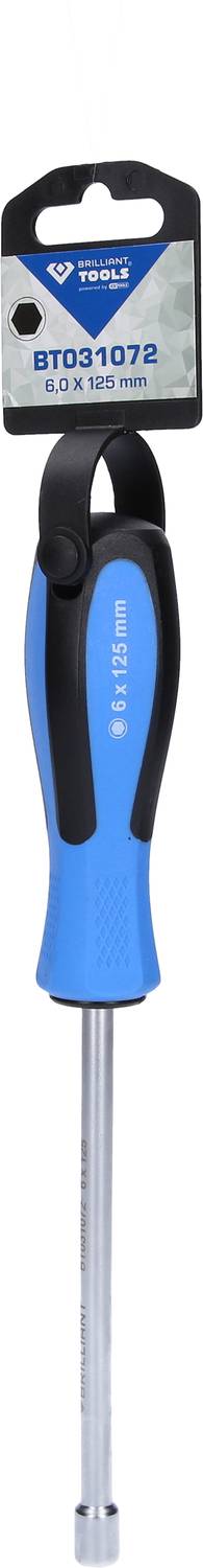 Blue screwdriver with a black handle and silver tip, packaging at the top with a product number and logo.