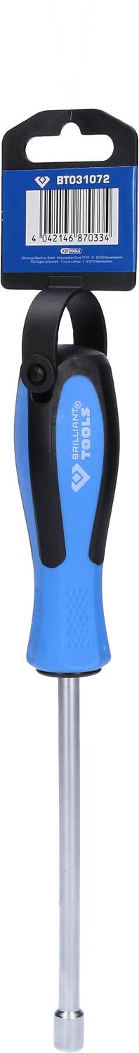 A blue screwdriver with a black handle, hanging on a packaging with a barcode.