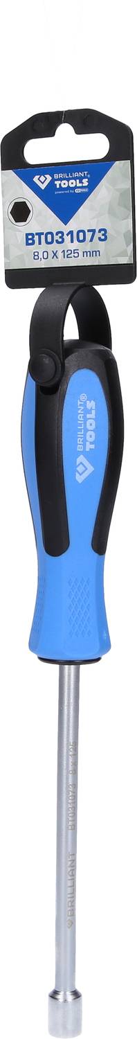 Screwdriver with blue handle and black hanging loop, label with the inscription 'BT021073' placed at the top.