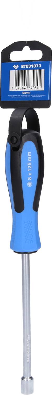 Blue screwdriver with an ergonomic handle and long metallic tip, suspended from a sales packaging with a barcode.