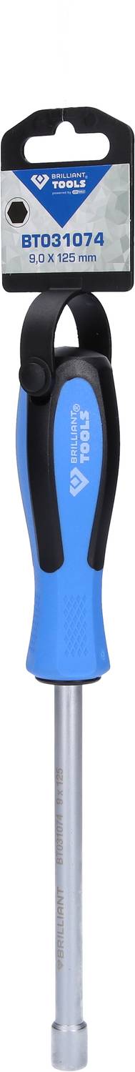 Cross-head screwdriver with blue-black handle and metal shaft. Packaging includes model number 'BT021074' and brand logo.