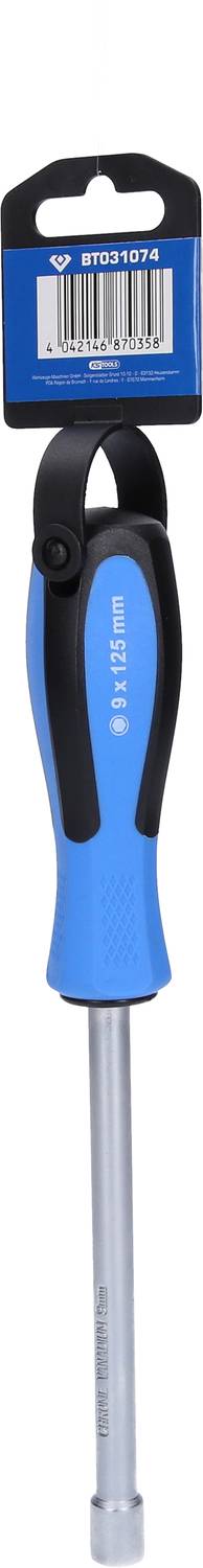 A blue screwdriver with an ergonomic handle and a hole for hanging. A label with a barcode at the top.