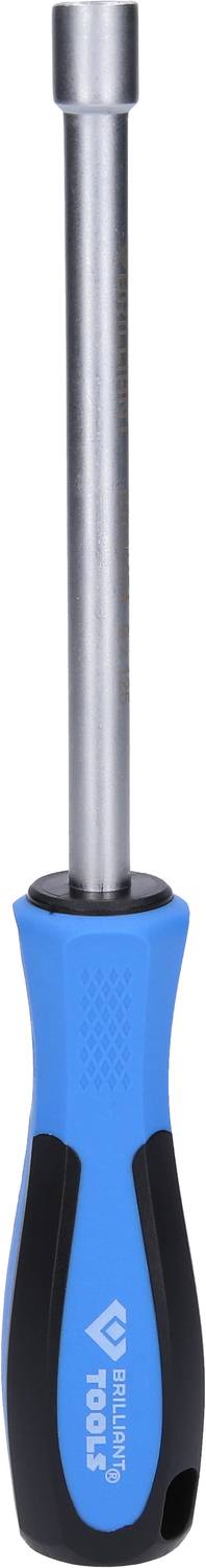 Blue screwdriver with a black handle and silver, long blade. A logo is visible on the handle.