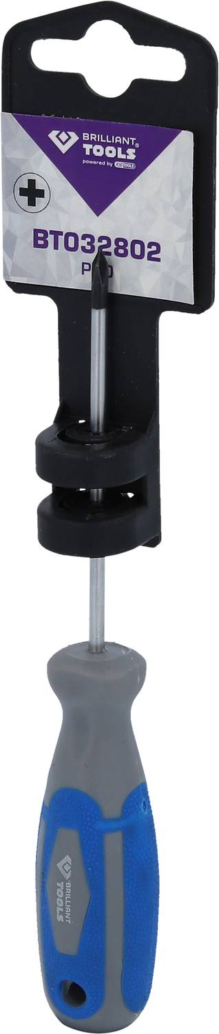 Phillips screwdriver with grey and blue handle and model number 'BT032802' on the packaging.