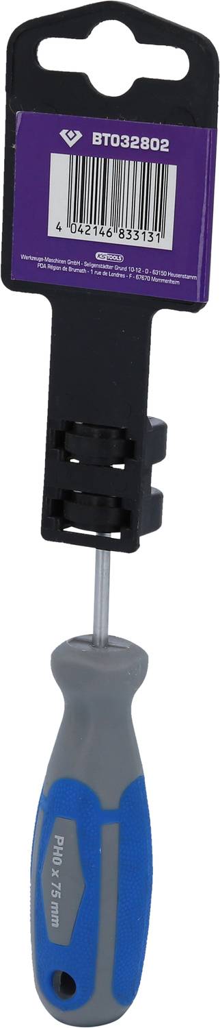 Screwdriver with a blue-grey handle, packaged with a black and purple label and barcode at the top.