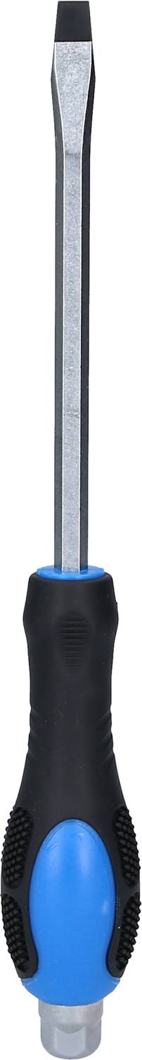 A flathead screwdriver with a black and blue handle.