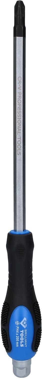 Phillips screwdriver with a blue handle and black tip, lying vertically with a metal shaft and non-slip grip.