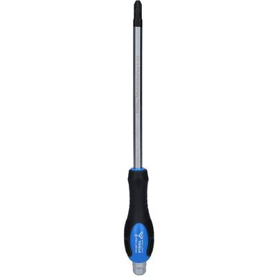 Phillips screwdriver with a blue handle and black tip, lying vertically with a metal shaft and non-slip grip.